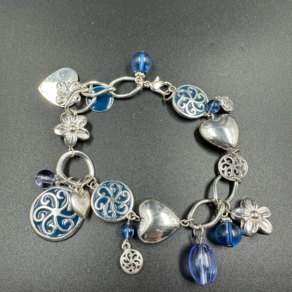 Blue Enamel Floral Hearts and Beaded Charm Bracelet